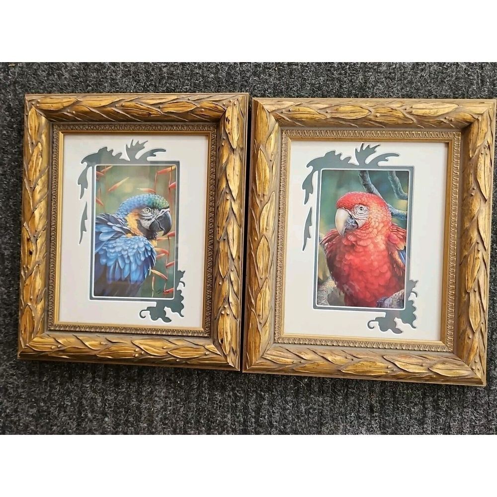 Parrot Prints RED BLUE MACAW Sherry Vintson Carved WOOD GOLD Frame 11x13 Buffett